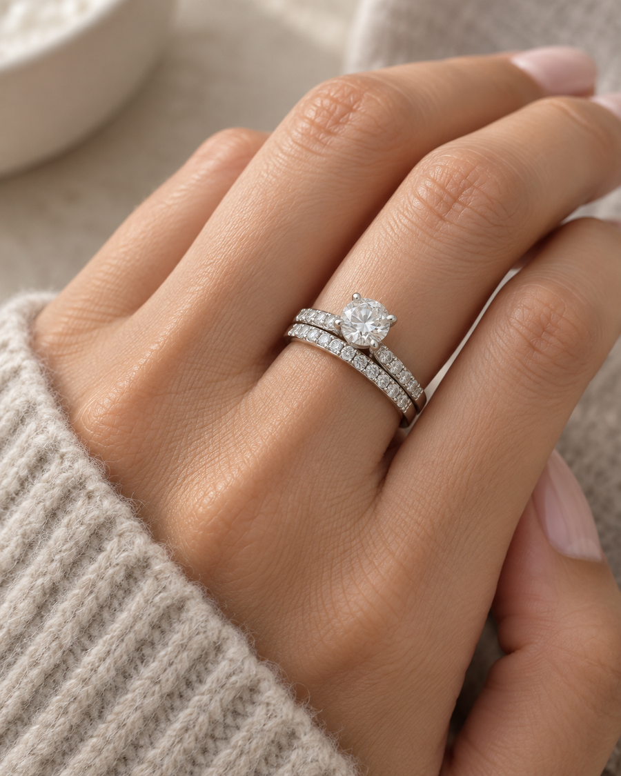 AI-generated visualization — Pavé Lab Diamond Bridal Stack in white gold, two rings worn together on an adult hand