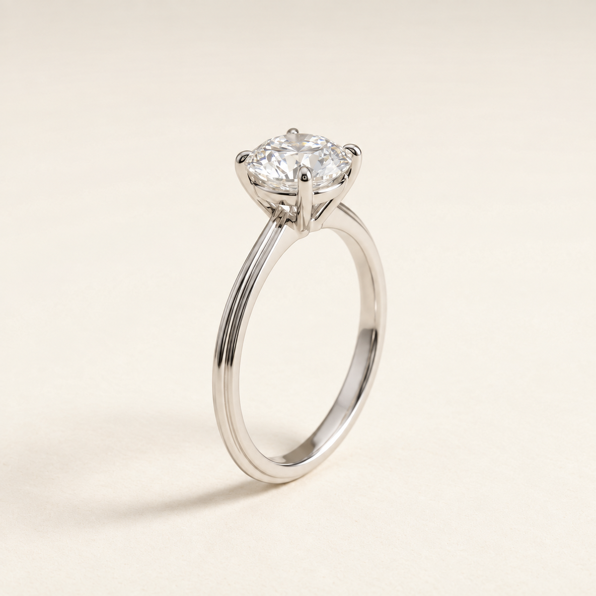 AI-generated visualization — 1.5 ct Lab Diamond Solitaire Engagement Ring in white gold, warm ivory studio display