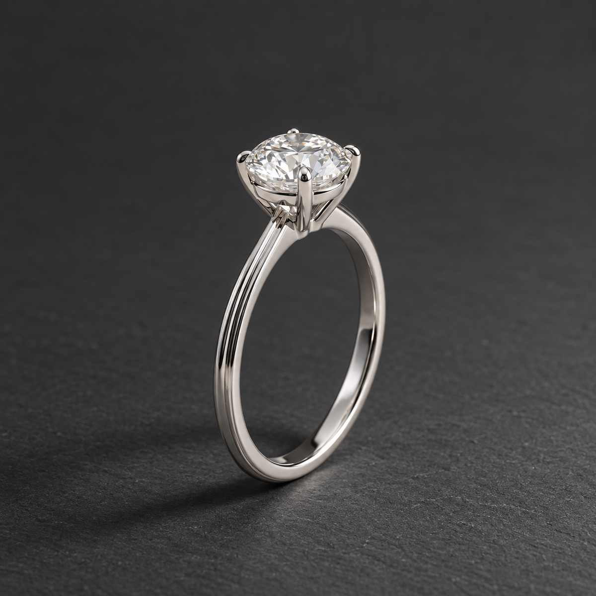 AI-generated visualization — 1.5 ct Lab Diamond Solitaire Engagement Ring in white gold, dark graphite editorial setting