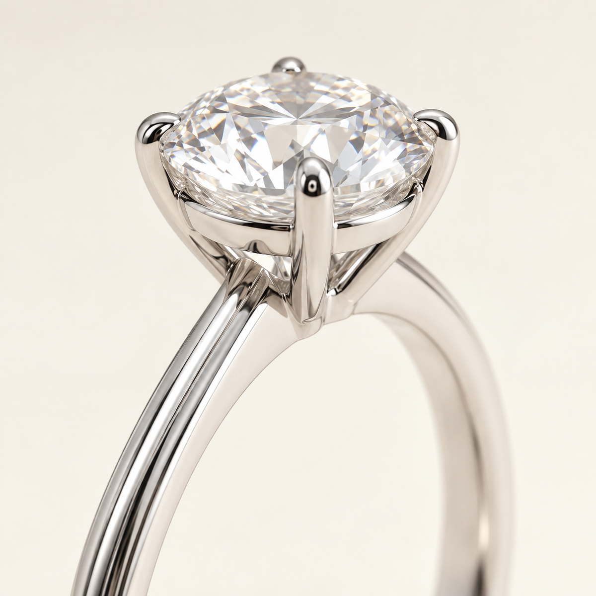AI-generated visualization — 1.5 ct Lab Diamond Solitaire Engagement Ring in white gold, macro detail of the center diamond and four-prong basket