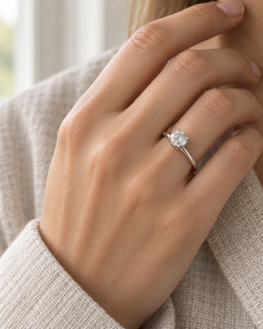 AI-generated visualization — 1.5 ct Lab Diamond Solitaire Engagement Ring in white gold, solitaire engagement ring on an adult hand