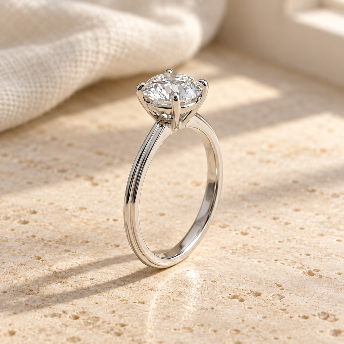 AI-generated visualization — 1.5 ct Lab Diamond Solitaire Engagement Ring in white gold, natural-window tabletop display