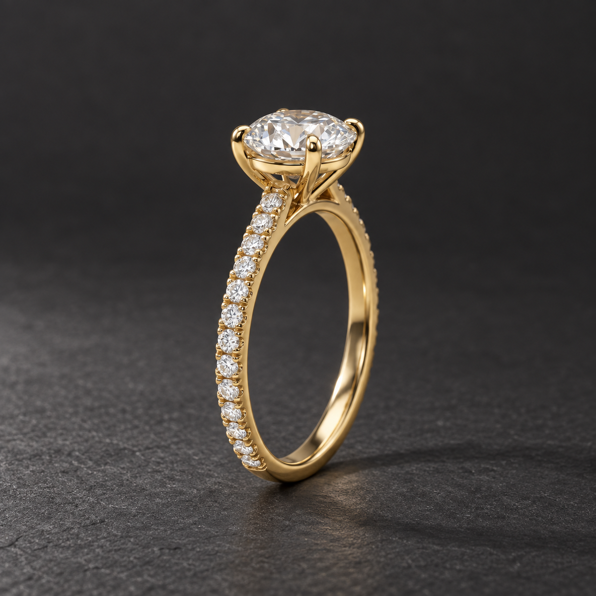 AI-generated visualization — 1 ct Lab Diamond Pavé Engagement Ring in yellow gold, dark graphite editorial setting