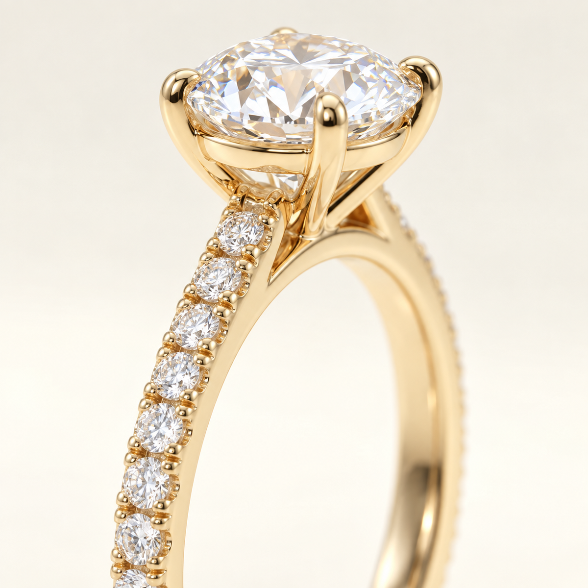 AI-generated visualization — 1 ct Lab Diamond Pavé Engagement Ring in yellow gold, macro detail of the center diamond, prong basket and pavé shoulder