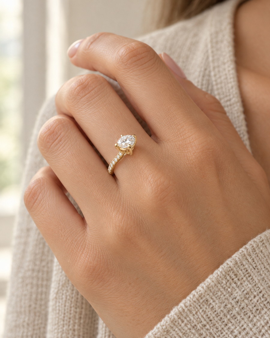AI-generated visualization — 1 ct Lab Diamond Pavé Engagement Ring in yellow gold, pavé engagement ring on an adult hand