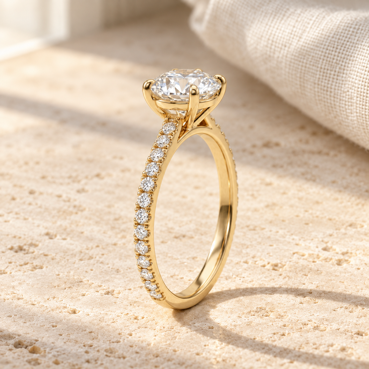 AI-generated visualization — 1 ct Lab Diamond Pavé Engagement Ring in yellow gold, natural-window tabletop display