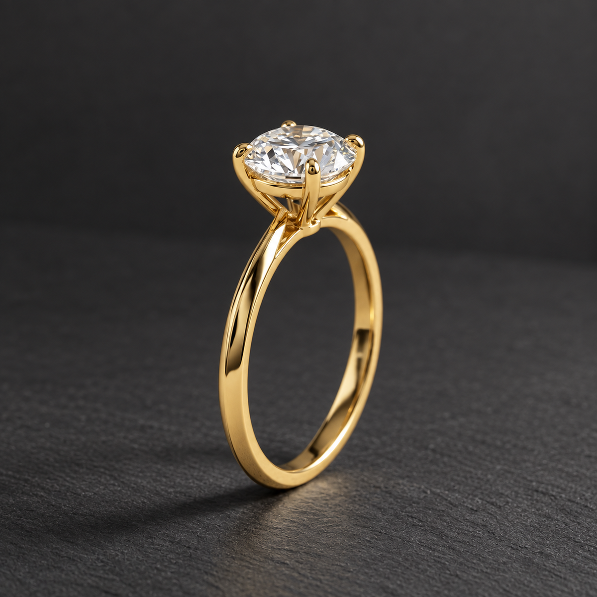 AI-generated visualization — 1 ct Lab Diamond Solitaire Engagement Ring in yellow gold, dark graphite editorial setting