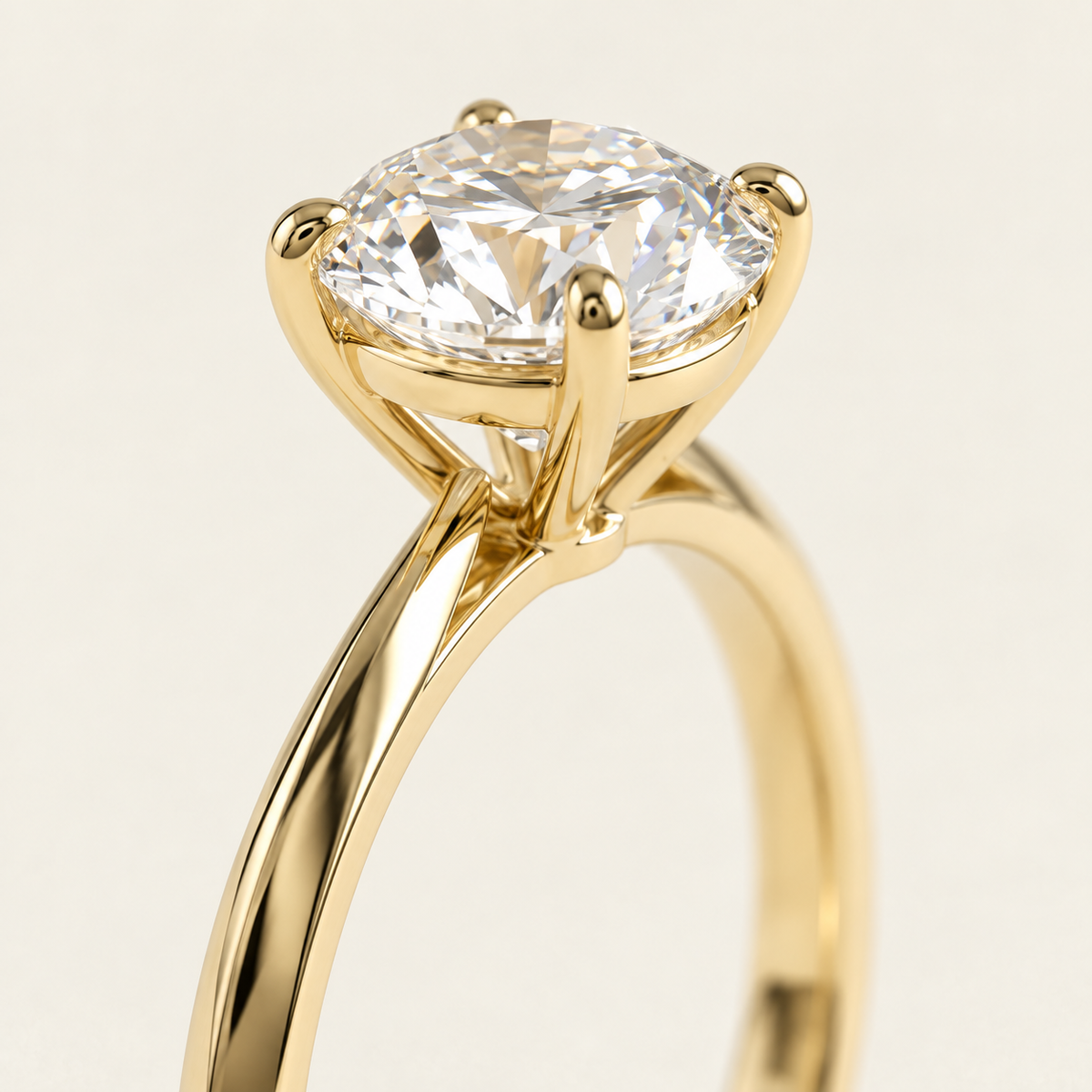 AI-generated visualization — 1 ct Lab Diamond Solitaire Engagement Ring in yellow gold, macro detail of the center diamond and four-prong basket