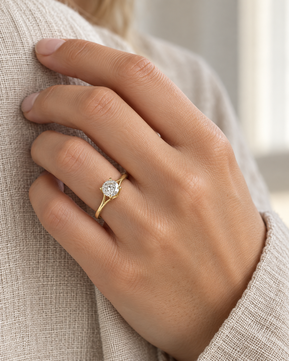AI-generated visualization — 1 ct Lab Diamond Solitaire Engagement Ring in yellow gold, solitaire engagement ring on an adult hand