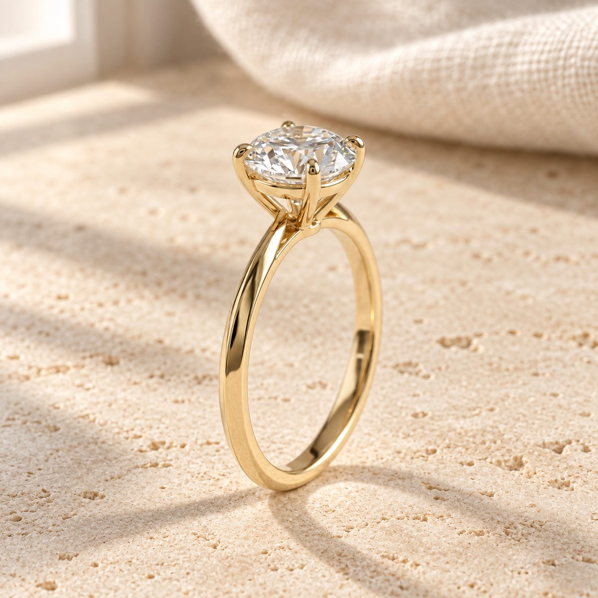 AI-generated visualization — 1 ct Lab Diamond Solitaire Engagement Ring in yellow gold, natural-window tabletop display