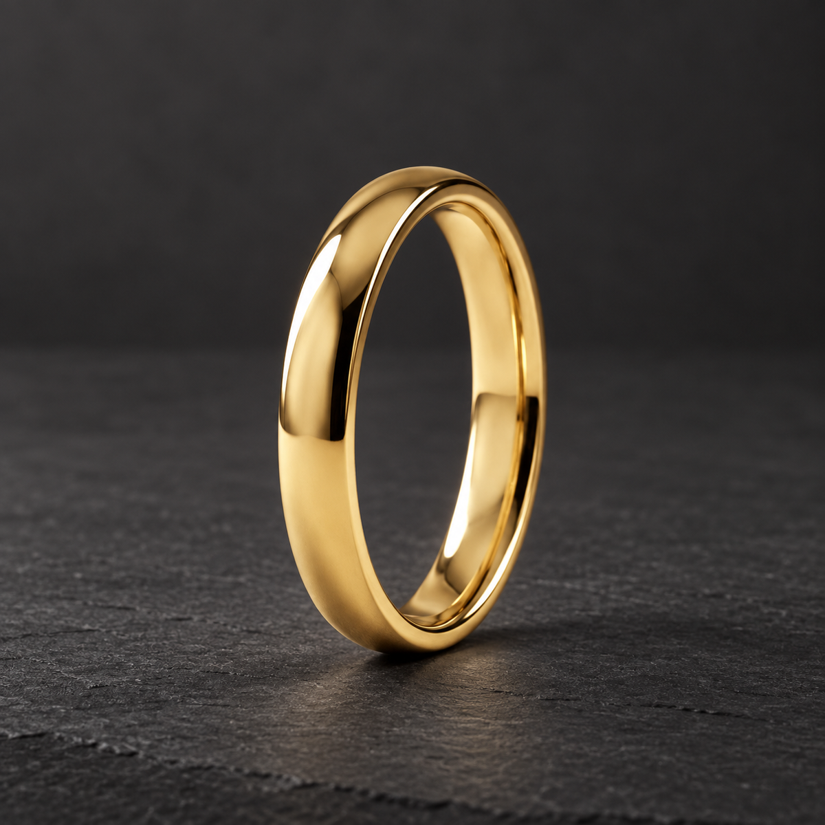 AI-generated visualization — Classic Comfort-Fit Band — 2.5 mm in yellow gold, dark graphite editorial setting