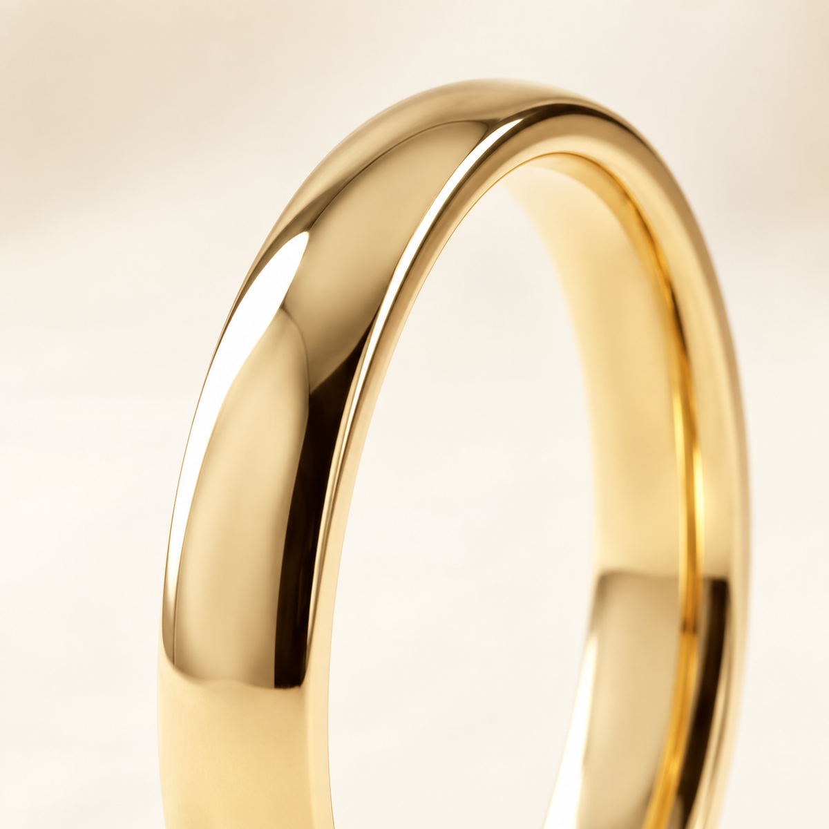 AI-generated visualization — Classic Comfort-Fit Band — 2.5 mm in yellow gold, macro detail of the slender polished band