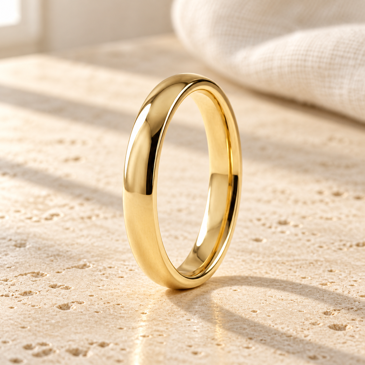 AI-generated visualization — Classic Comfort-Fit Band — 2.5 mm in yellow gold, natural-window tabletop display