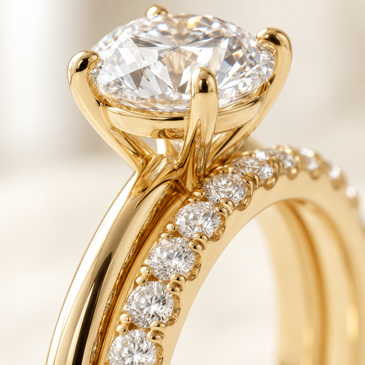 AI-generated visualization — Featherline Lab Diamond Bridal Stack in yellow gold, macro detail of the solitaire setting and pavé companion band