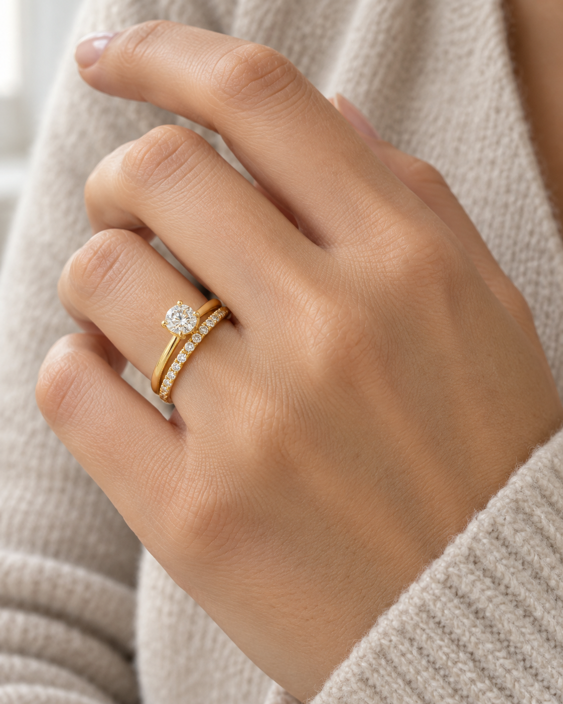 AI-generated visualization — Featherline Lab Diamond Bridal Stack in yellow gold, the two-ring stack on an adult hand
