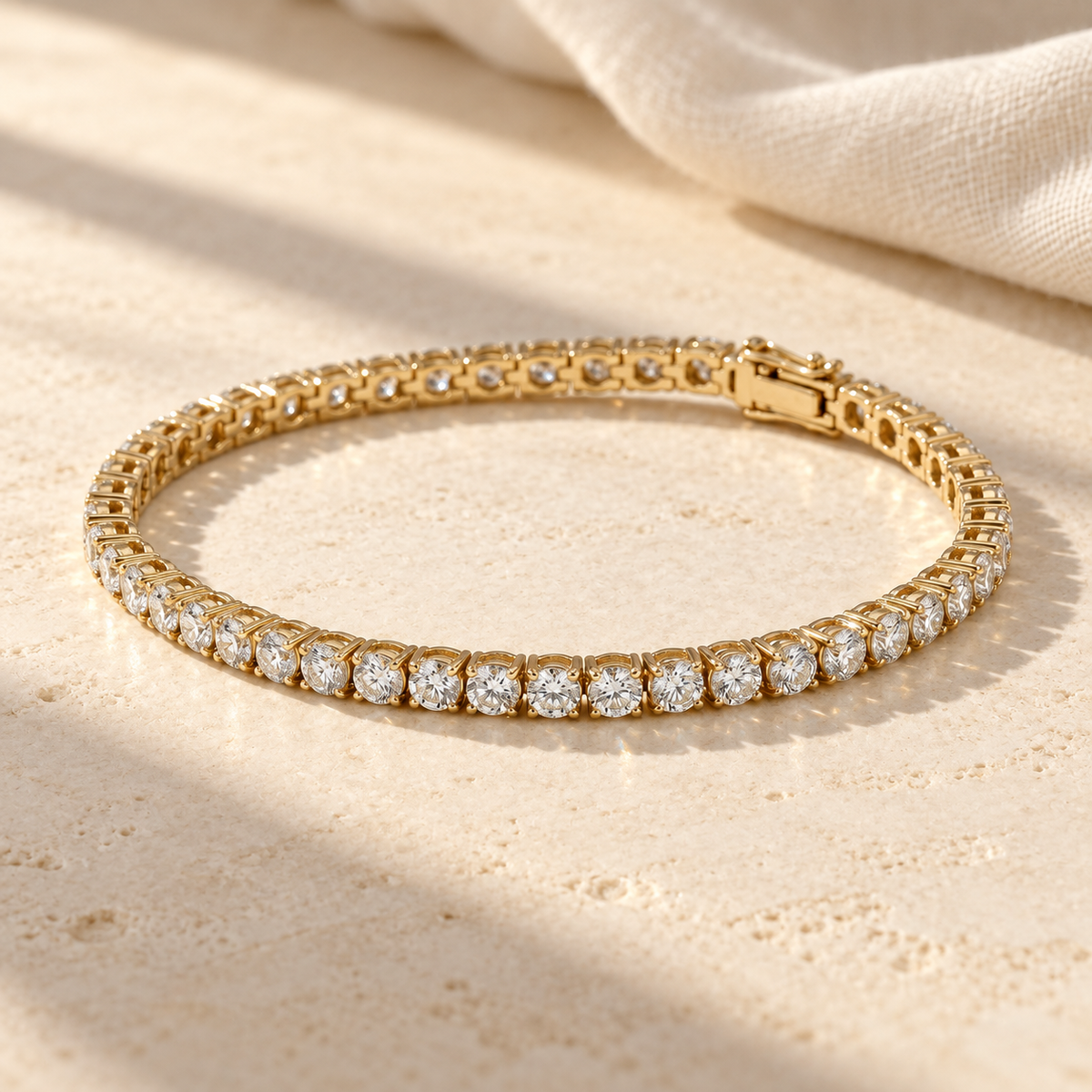 2 ct Lab Diamond Featherline Tennis Bracelet — AI-assisted window-light tabletop visualization. Based on the original product image.