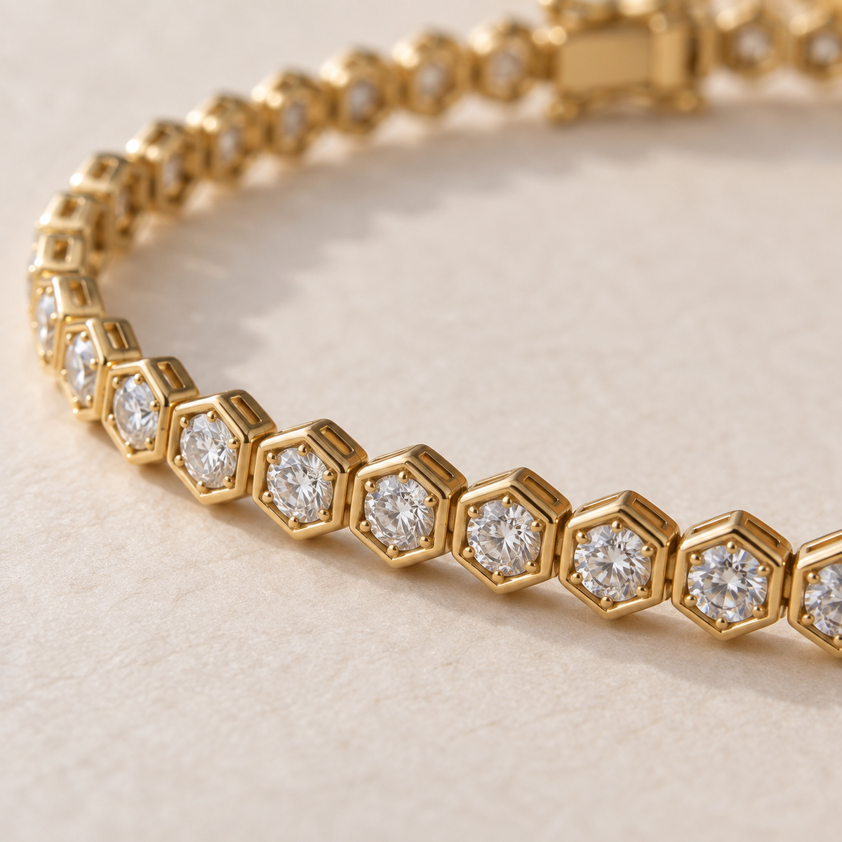 HexaLuxe Lab Diamond Tennis Bracelet in yellow gold, close-up detail