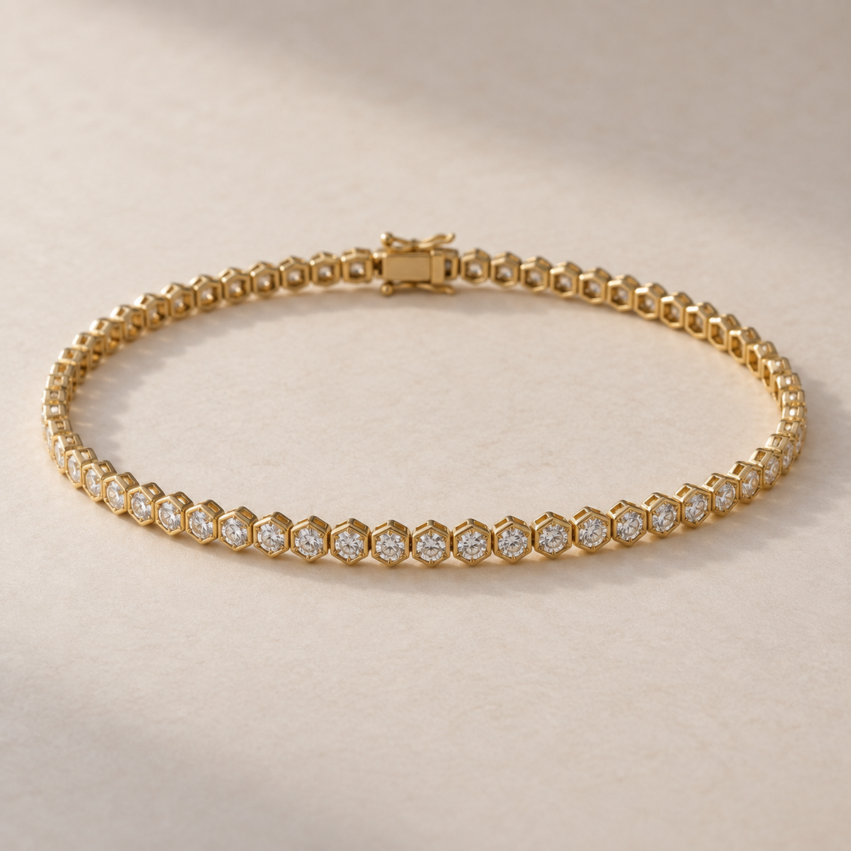 HexaLuxe Lab Diamond Tennis Bracelet in yellow gold, three-quarter view