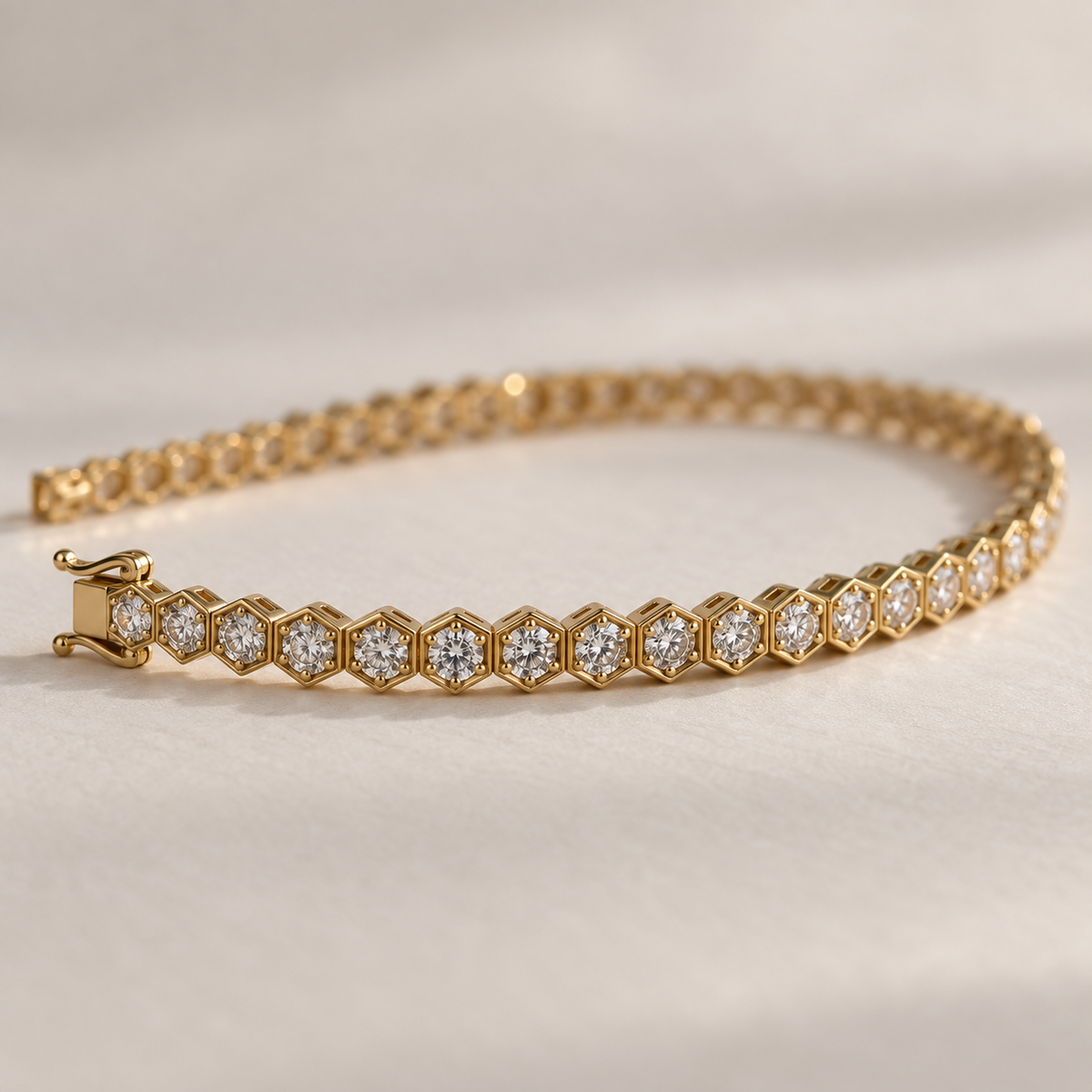 HexaLuxe Lab Diamond Tennis Bracelet in yellow gold, side profile