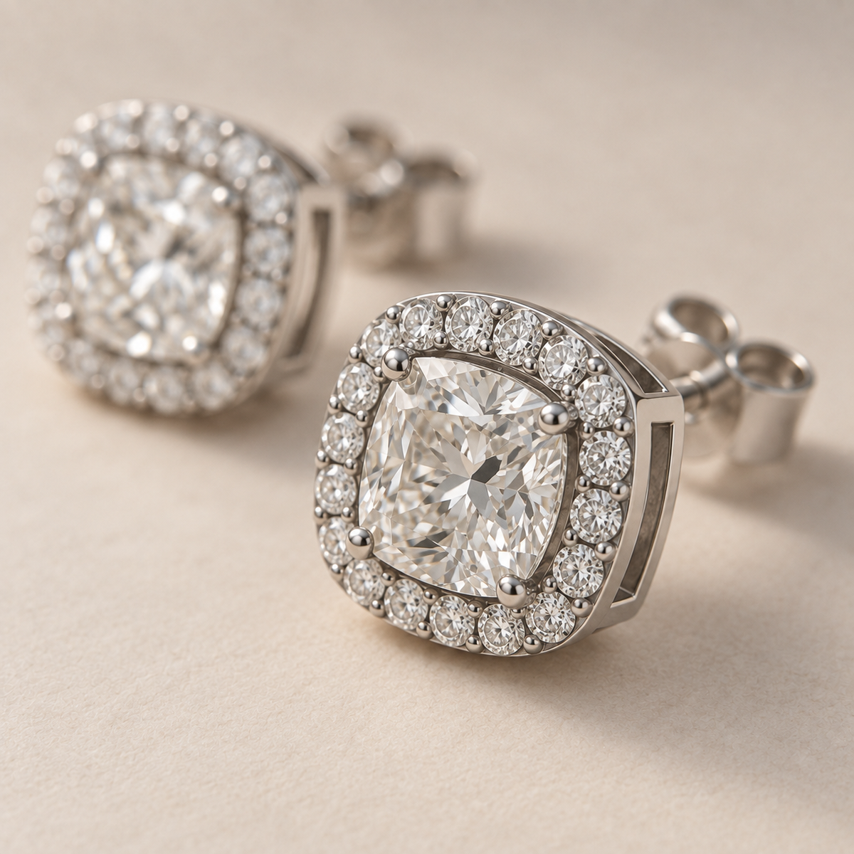 Cushion Halo Lab Diamond Stud Earrings in white gold, close-up detail