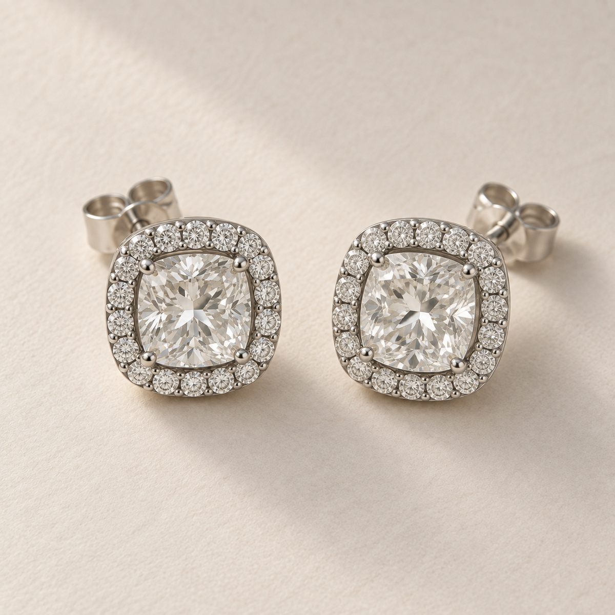 Cushion Halo Lab Diamond Stud Earrings in white gold, front view
