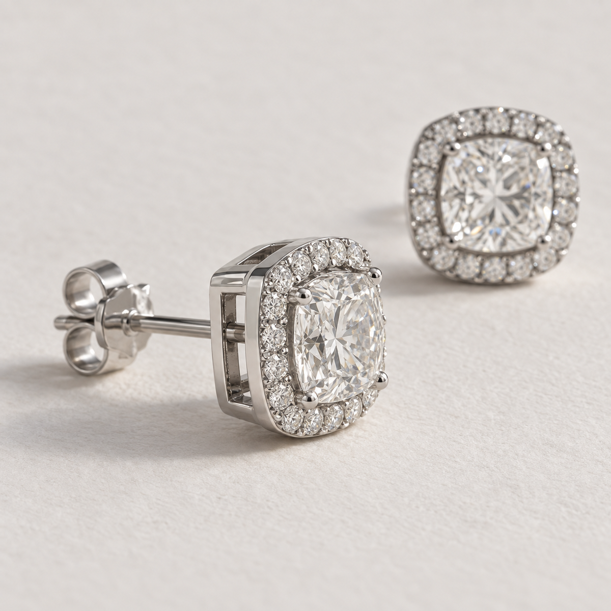Cushion Halo Lab Diamond Stud Earrings in white gold, side profile