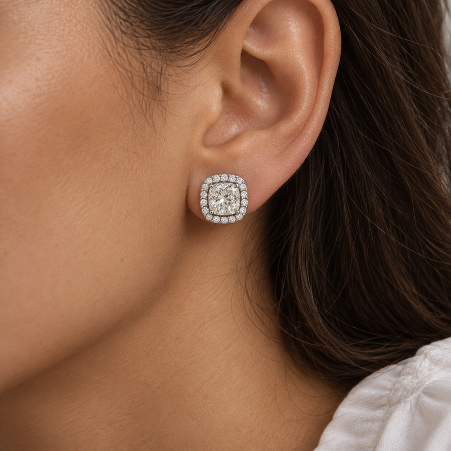 Cushion Halo Lab Diamond Stud Earrings in white gold, worn view