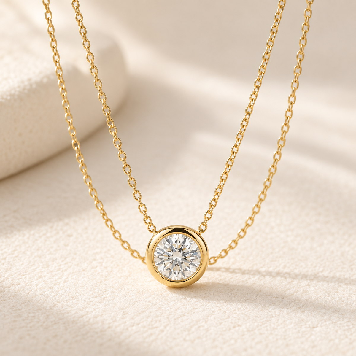 AI-generated visualization — Lab Diamond Bezel Solitaire Pendant in yellow gold on a warm ivory studio display.