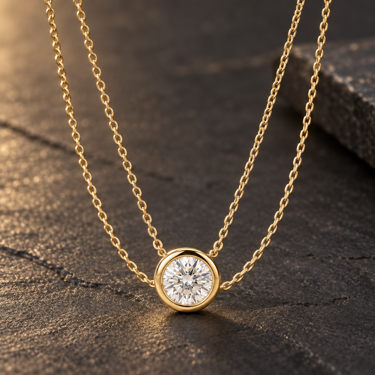 AI-generated visualization — yellow-gold Bezel Solitaire Pendant on dark graphite stone.