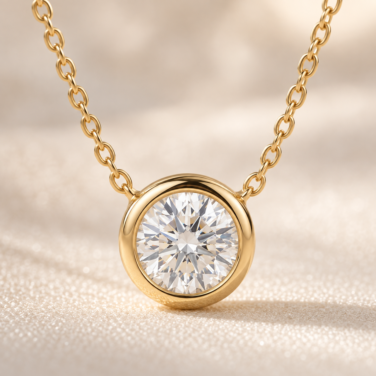 AI-generated visualization — close detail of the round diamond and smooth yellow-gold bezel setting.