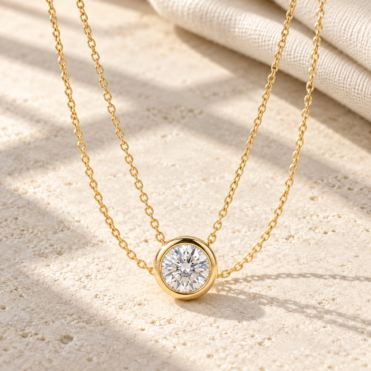 AI-generated visualization — yellow-gold Bezel Solitaire Pendant on limestone in soft window light.