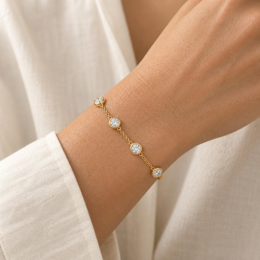 Lab Diamond Bezel Station Bracelet — AI-assisted on-body visualization; scale is approximate. Based on the original product image.