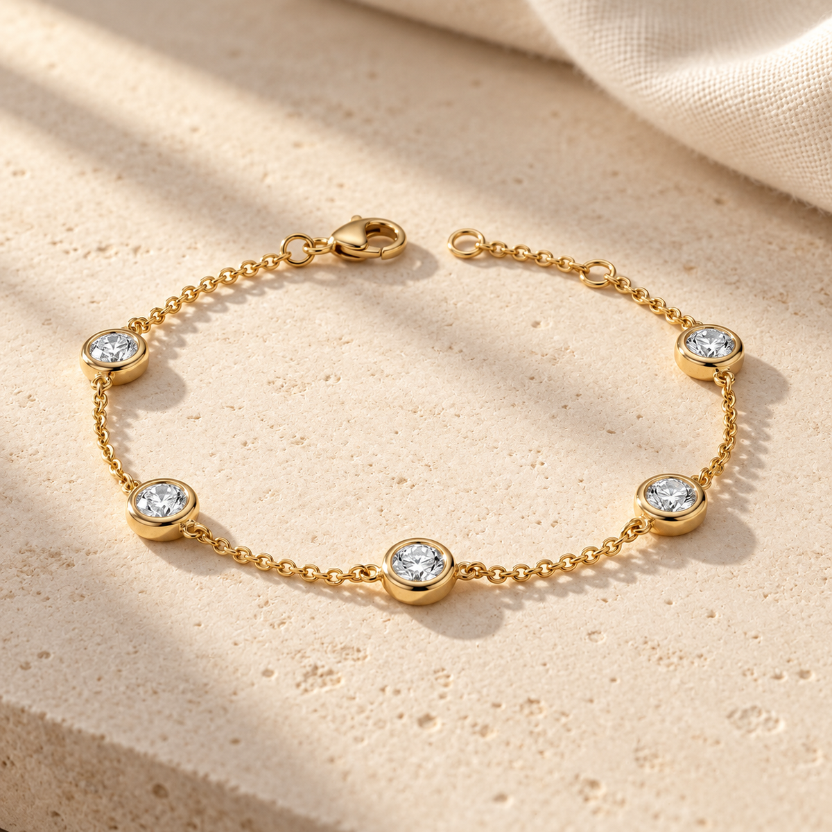 Lab Diamond Bezel Station Bracelet — AI-assisted window-light tabletop visualization. Based on the original product image.