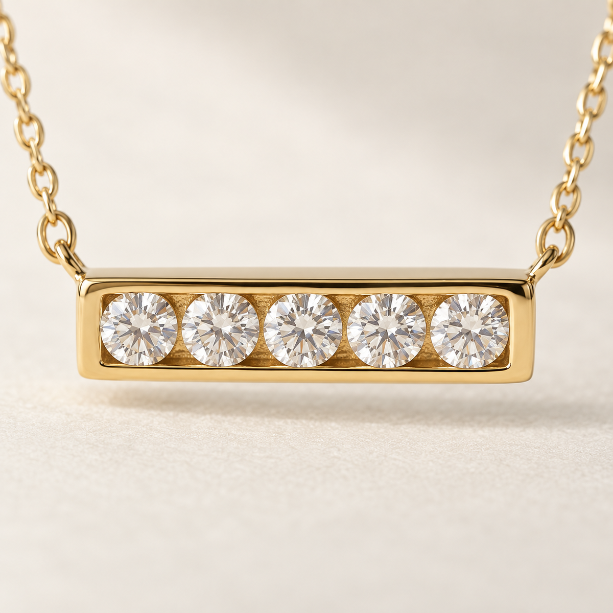AI-generated visualization — close detail of the five round diamonds and rectangular yellow-gold bar setting.
