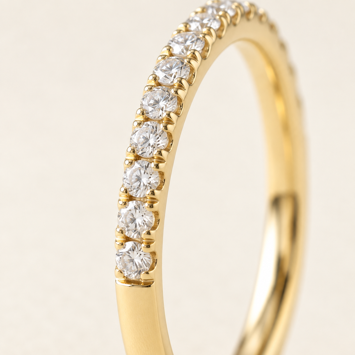 AI-generated visualization — Lab Diamond Half-Eternity Pavé Band in yellow gold, macro detail of round diamonds and pavé setting
