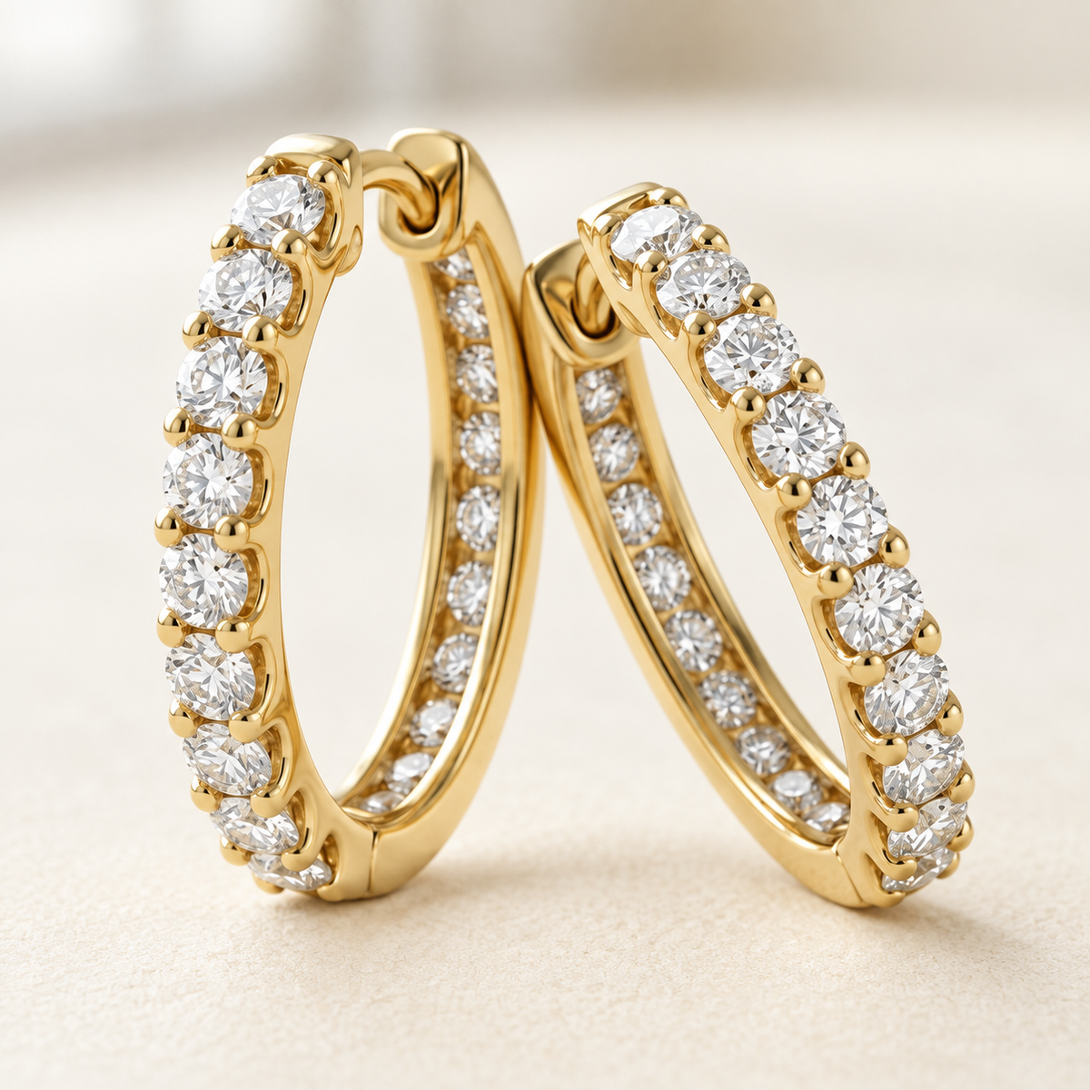 AI-generated visualization — close detail of the front and inner diamond rows of yellow-gold Inside-Out Huggie Hoops.