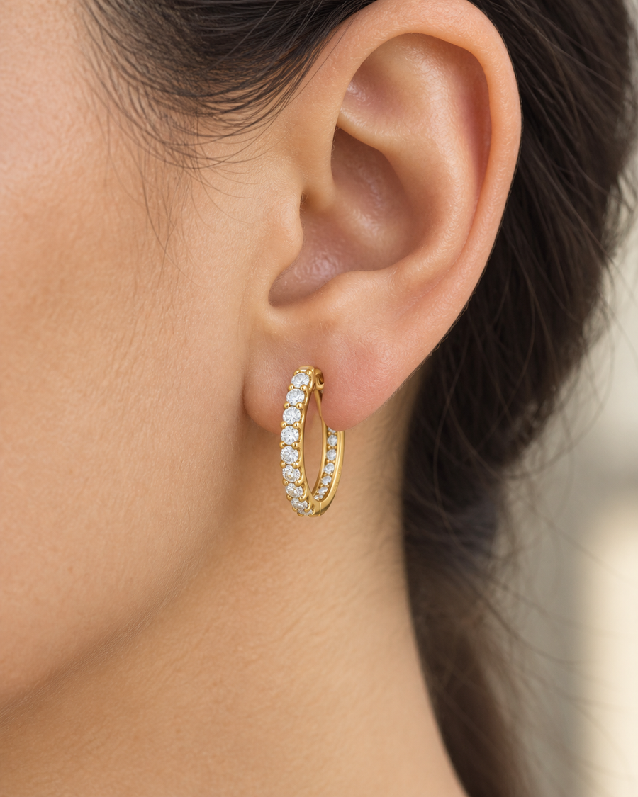 AI-generated visualization — a yellow-gold Inside-Out Huggie Hoop worn on an adult ear.
