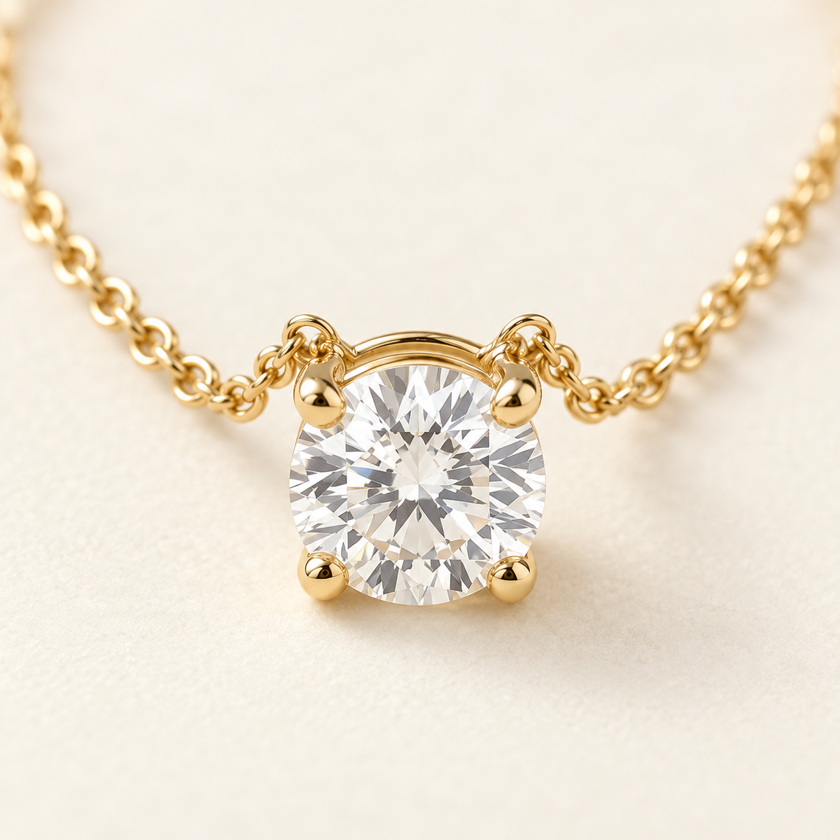 AI-generated visualization — macro view of the Solitaire Pendant Necklace diamond and four yellow-gold prongs.