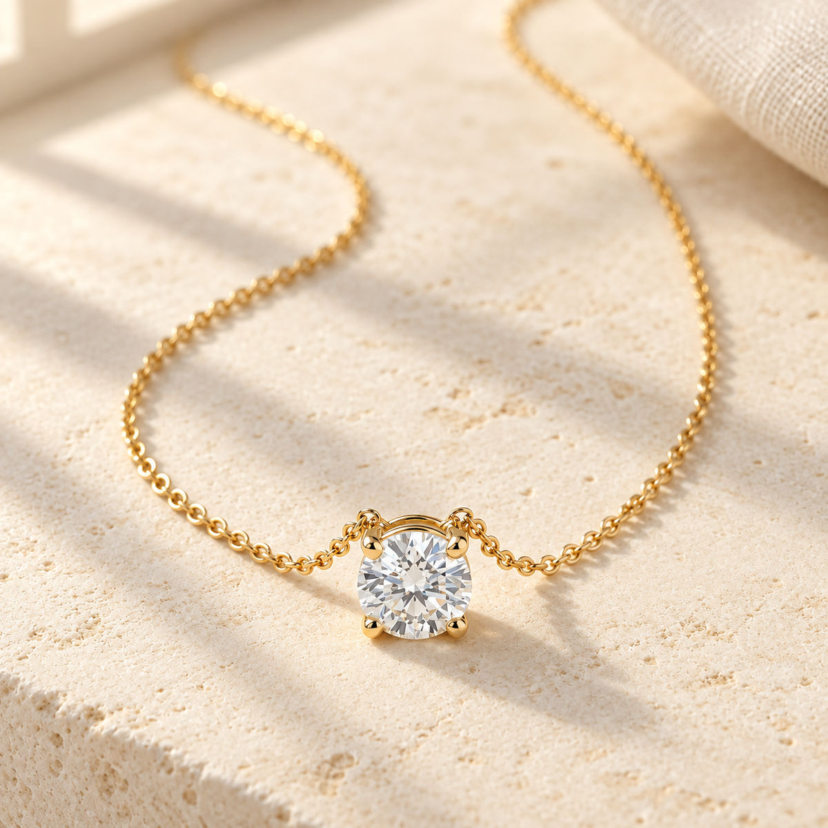 AI-generated visualization — four-prong Solitaire Pendant Necklace on limestone in warm window light.