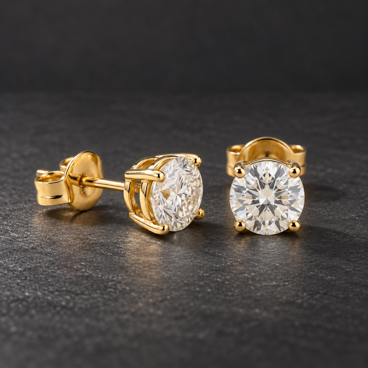 AI-generated visualization — yellow-gold Lab Diamond Stud Earrings displayed on dark graphite.