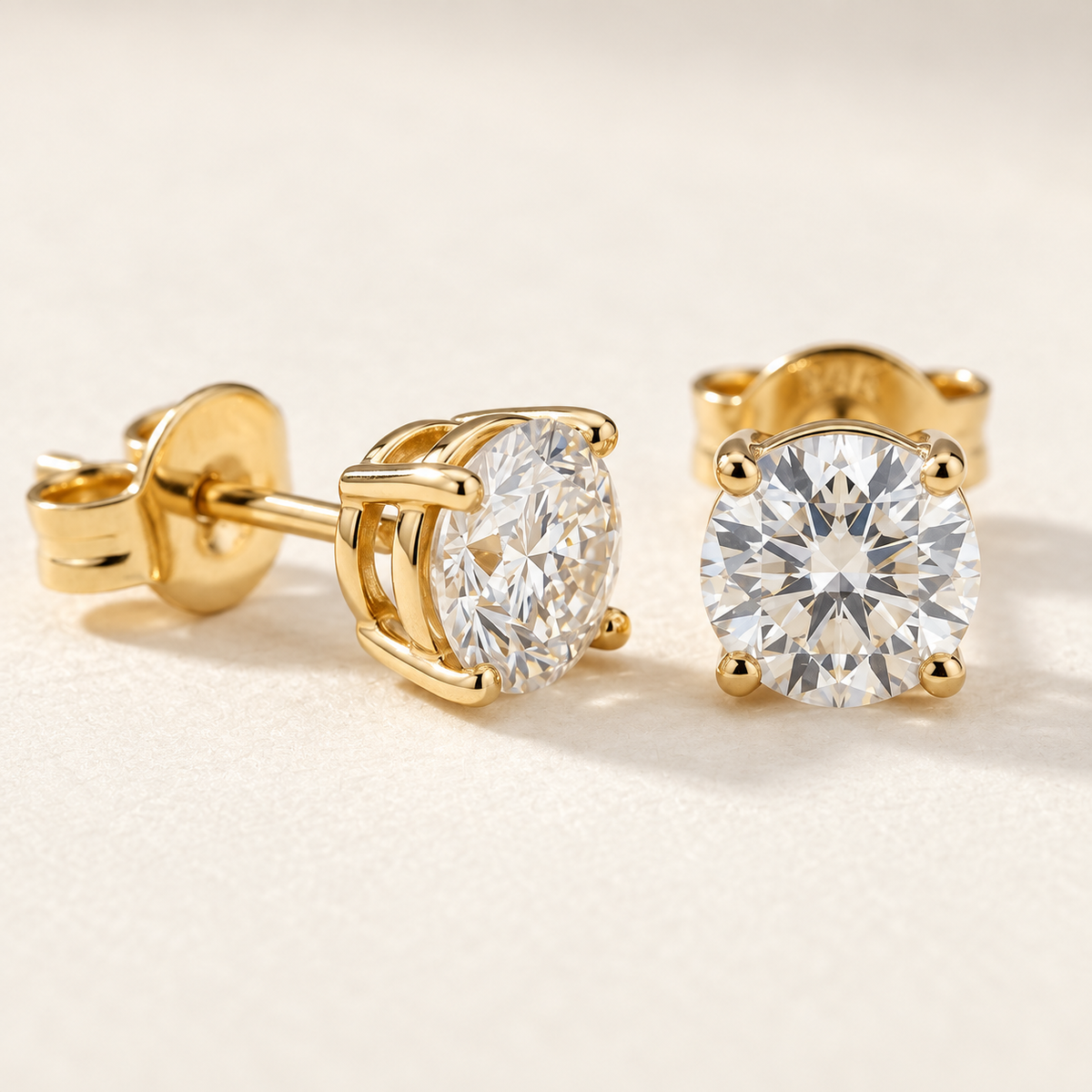 AI-generated visualization — close detail of the four-prong yellow-gold setting and visible basket of Lab Diamond Stud Earrings.