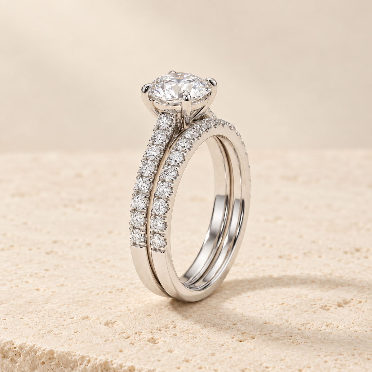 AI-generated visualization — Pavé Lab Diamond Bridal Stack in white gold, warm ivory studio display