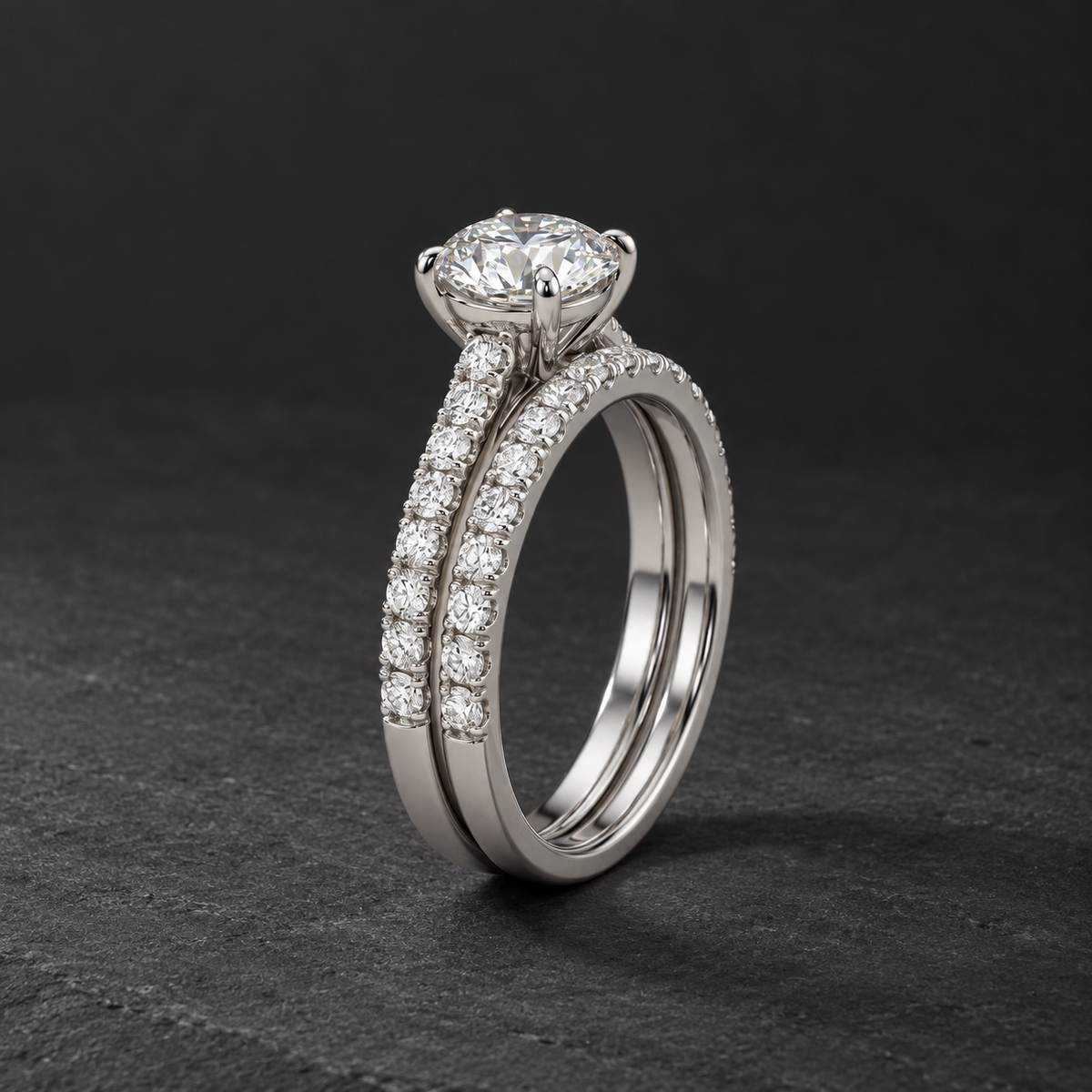 AI-generated visualization — Pavé Lab Diamond Bridal Stack in white gold, dark graphite editorial setting