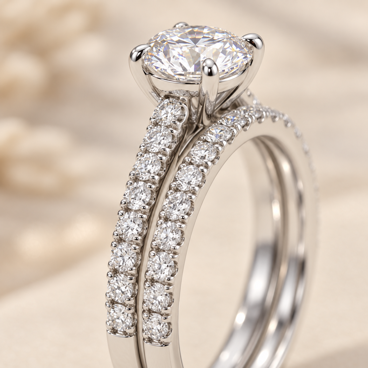 AI-generated visualization — Pavé Lab Diamond Bridal Stack in white gold, close view of centre stone and pavé bands