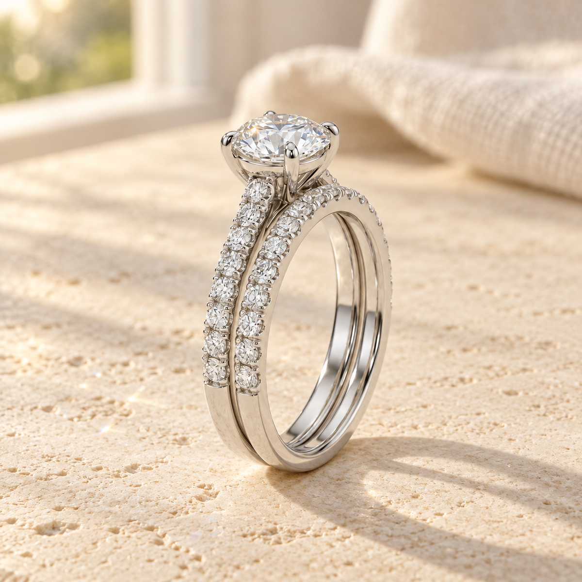 AI-generated visualization — Pavé Lab Diamond Bridal Stack in white gold, natural window-light tabletop display