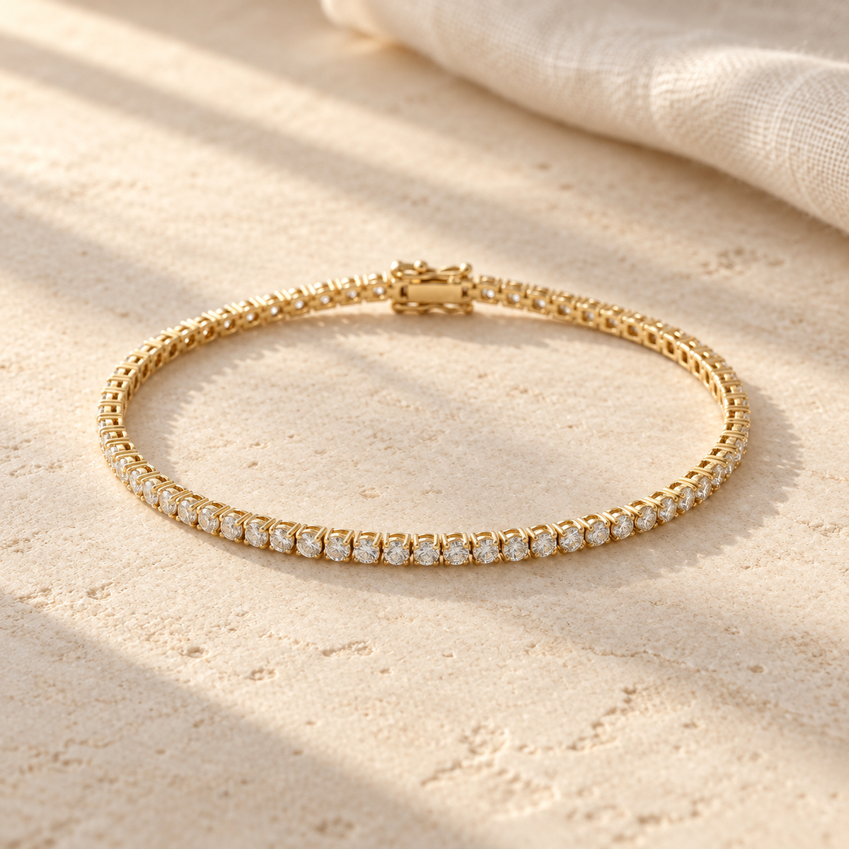 1 ct Lab Diamond Petite Tennis Bracelet — AI-assisted window-light tabletop visualization. Based on the original product image.