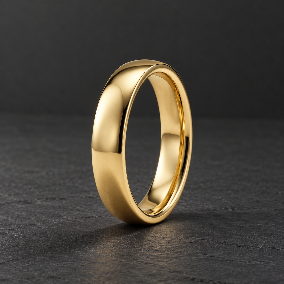 AI-generated visualization — Signature Comfort-Fit Band — 4 mm in yellow gold, dark graphite editorial setting