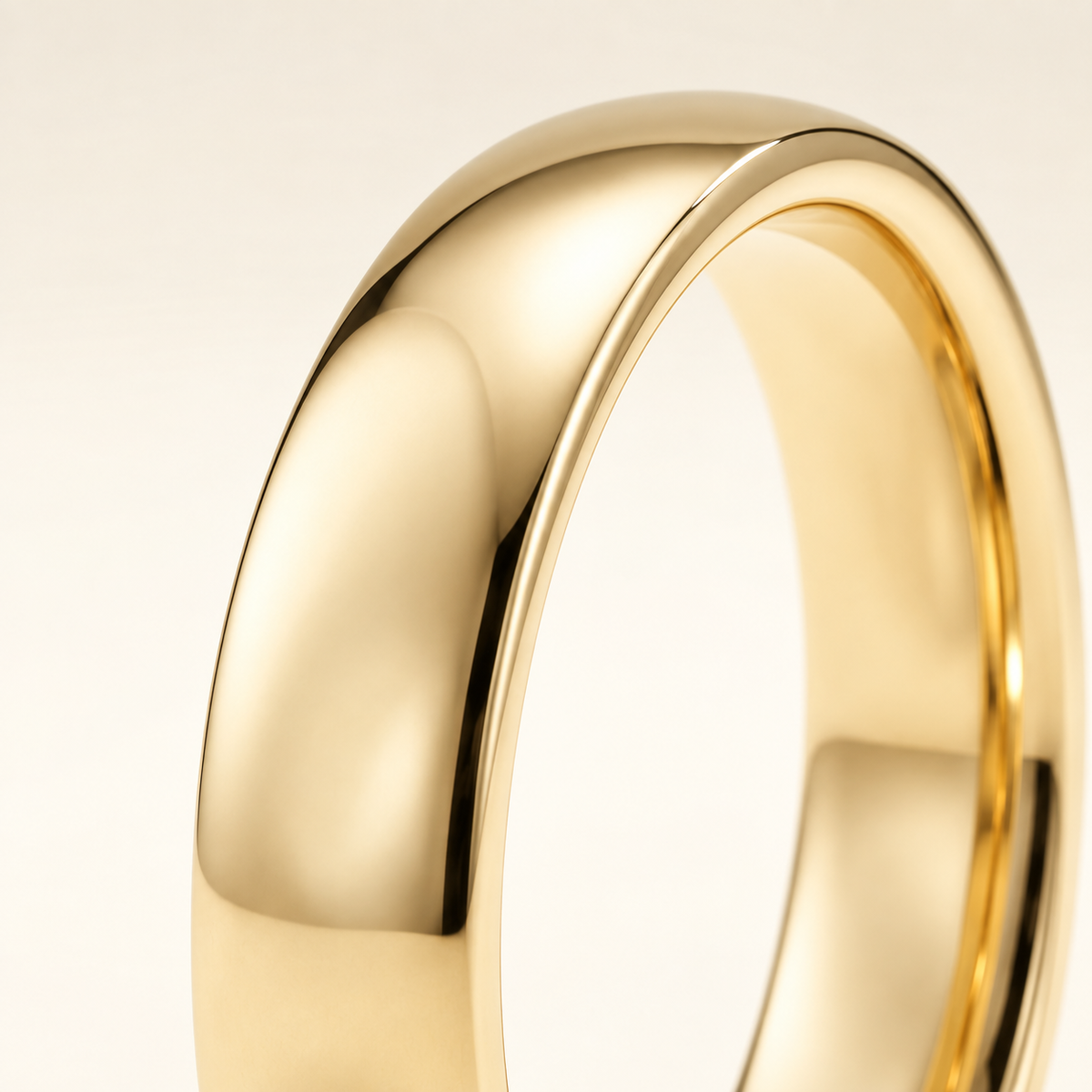 AI-generated visualization — Signature Comfort-Fit Band — 4 mm in yellow gold, macro detail of the domed polished band