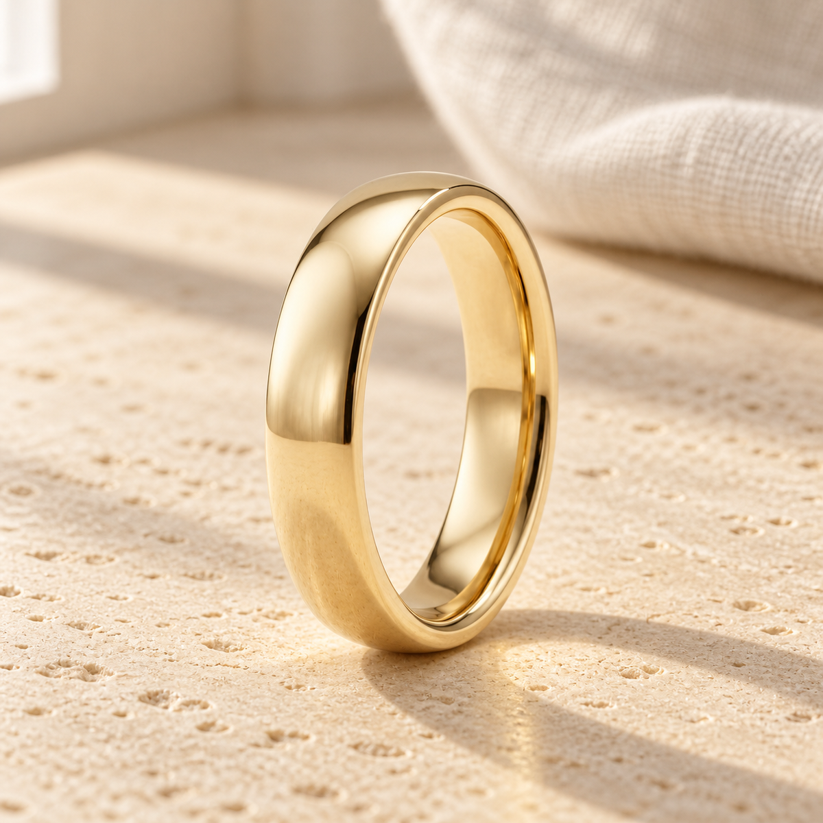 AI-generated visualization — Signature Comfort-Fit Band — 4 mm in yellow gold, natural-window tabletop display